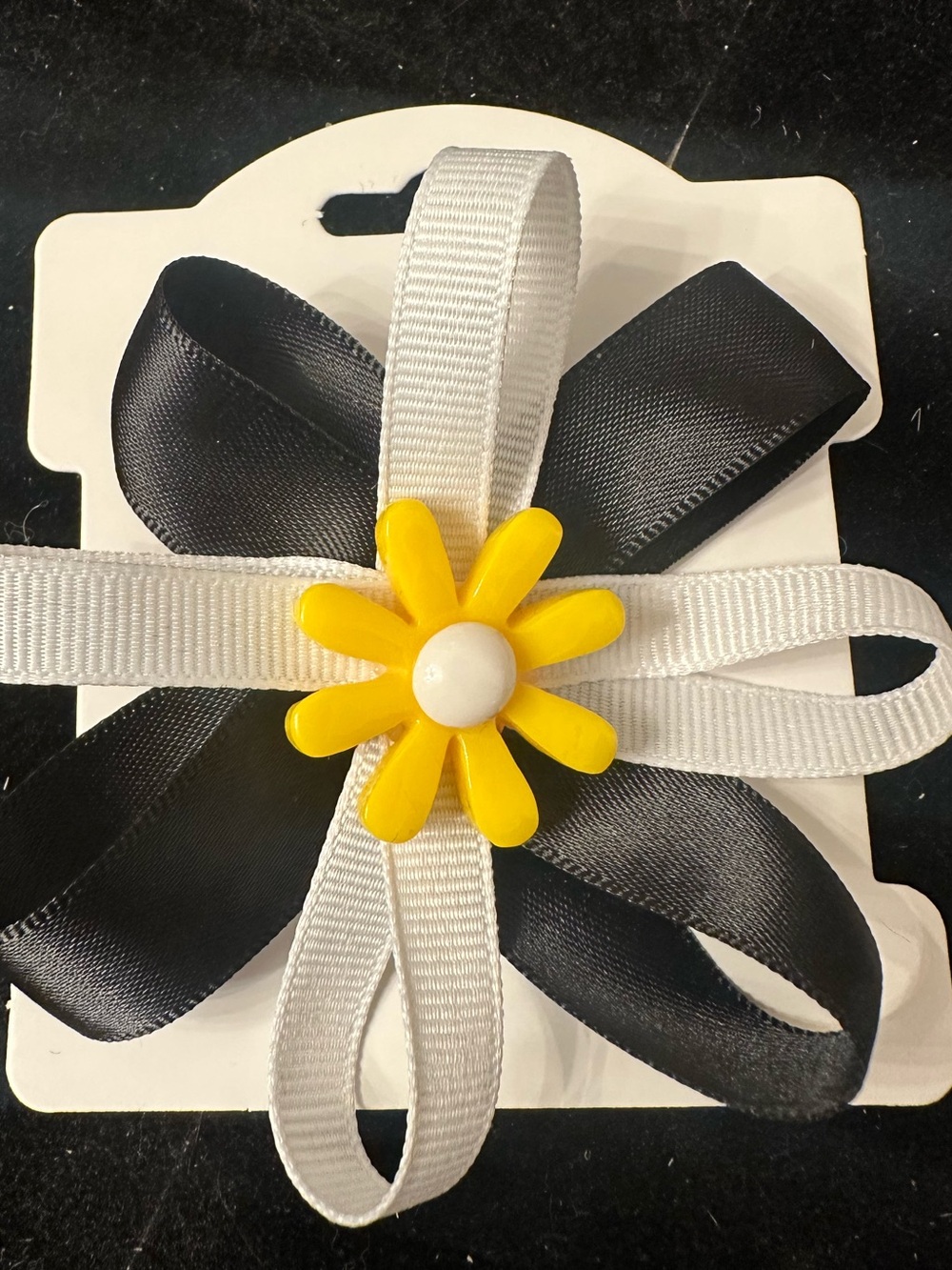 Black and White Ribbon Hair Bow with Yellow Daisy